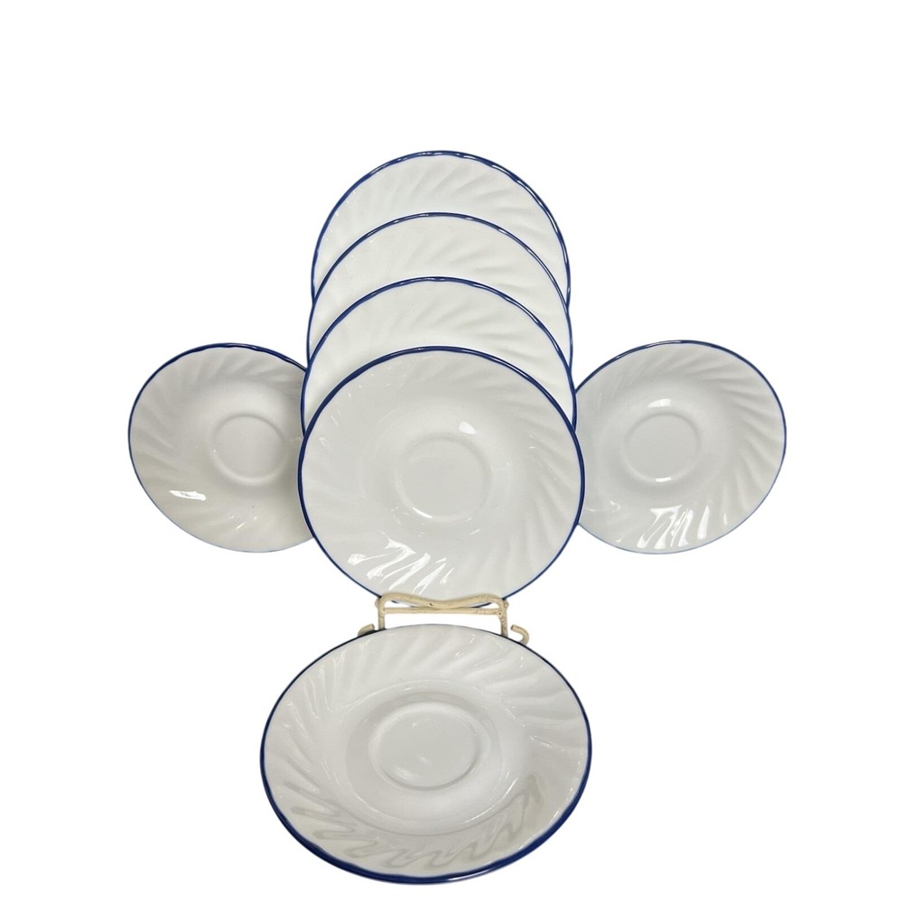 Corelle Fluer Blue Swirl White Saucers Rim  Blue Border 6.25" SET OF 7‎